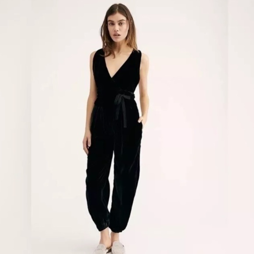 Free People Black Velvet Sleeveless Wrap Jumpsuit